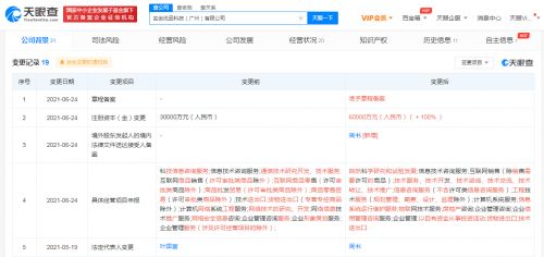 名创优品科技公司注册资本增至6亿元，经营范围拓展至自然科学与信息系统服务